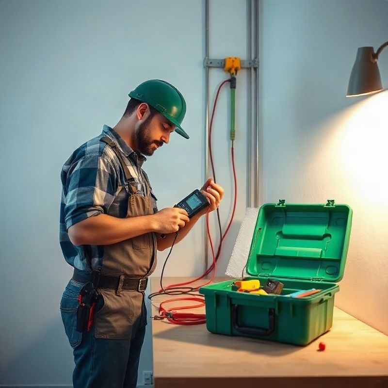 Electricista realizando pruebas de continuidad con equipo calibrado sobre una instalación terminada