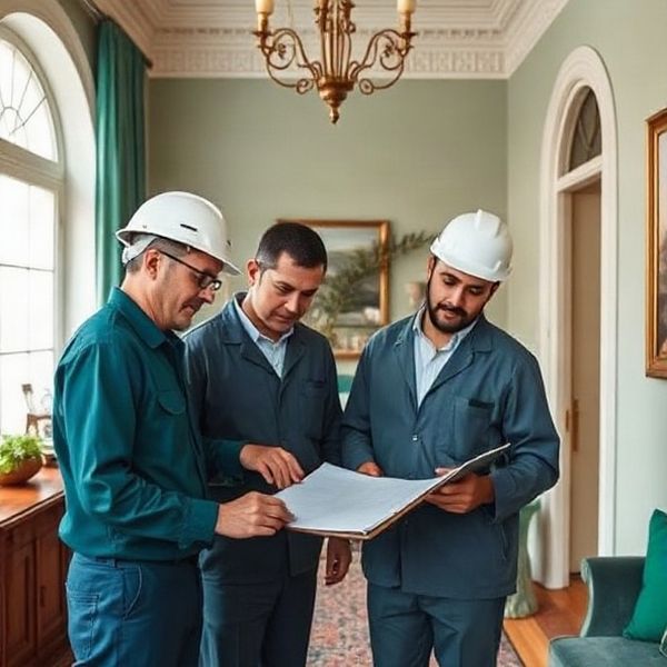 Cuatro técnicos de Mintypulse revisando documentación técnica en el interior de una vivienda