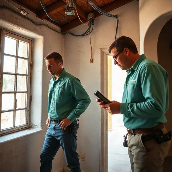 Dos electricistas de Mintypulse tendiendo cañería en el interior de una vivienda uruguaya