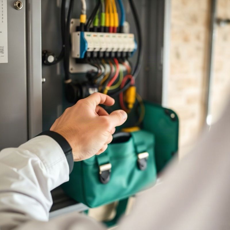 Manos de electricista certificado conectando cables en un tablero de distribución